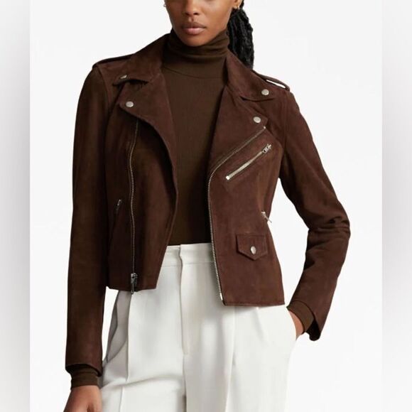Polo Ralph Lauren notched-collar brown suede biker jacket - Picture 4 of 14